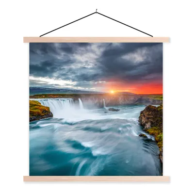 Produktbild von MuchoWow® Textilposter Wasserfall - Sonnenuntergang - Natur - Wasser 60x60 cm mit holzfarbenen Rahmen - Wanddekoration