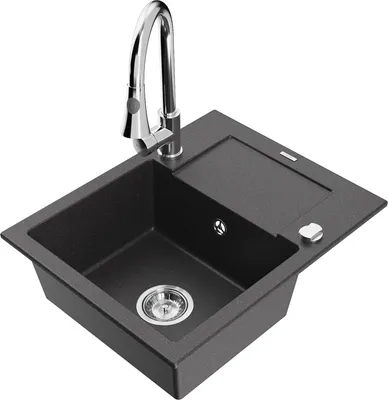 Produktbild von Mexen Enzo 1 Becken-Granitspüle mit Abtropffläche und Mischbatterie Elia, Schwarz gesprenkelt - 6506-76-670101-00
