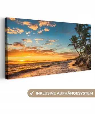 Produktbild von MuchoWow® - Leinwandbilder - Strand - Sonnenuntergang - Meer - Palme, Wandbild, Wanddeko Bilder Wohnzimmer, 80x40cm