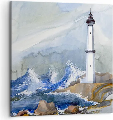 Produktbild von Bild auf Leinwand - Leinwandbild - Leuchtturm Wasser Illustration Welle - 50x50cm - Wand Bild - Wanddeko - Leinwanddruck - Bilder - Kunstdruck - Leinwand bilder - Wandkunst - AC50x50-2997
