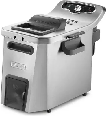 A DeLonghi deep fryer is shown against a white background.