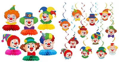 18-teiliges Clown-Dekoset für Karneval, bunt