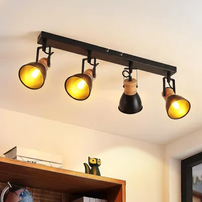 Produktbild von ZMH Deckenstrahler 4 Flammig Deckenlampe Schwarz E14 Vintage Flurlampe Schwarz Küchenlampe Metall Holz Deckenspots Industrial Wandstrahler für Flur