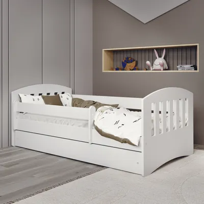 Obrázok produktu pre Detská posteľ 160x80 s matracom, ochranou proti vypadnutiu, lamelovým roštom a zásuvkou v bielej farbe 80 x 160 dievčenská chlapčenská posteľ Skandi youth bed