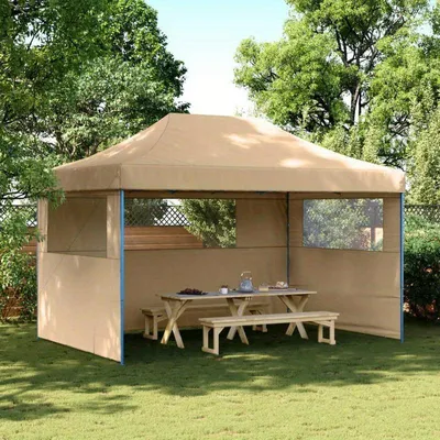 Productafbeelding van Verrijdbare pop-up feesttent met 3-zijdige luifel en ritsdeuren beigeblauw