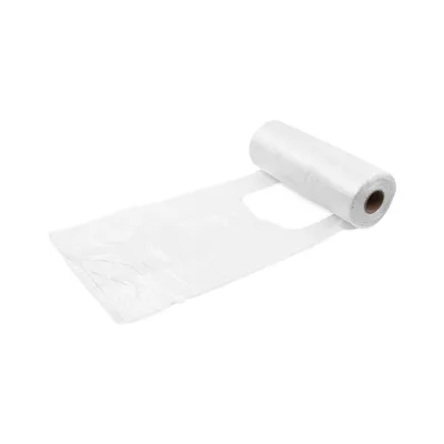 A roll of clear plastic bags on a white background.