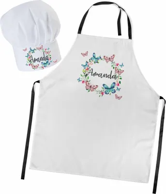 Produktbild von Personalisierte Kochmütze + Kochschürze Set 2tlg. Für Kinder, Jungen und Mädchen, Weiß, Schürze mit Ihrem Namen, Schmetterlingskreis [099]