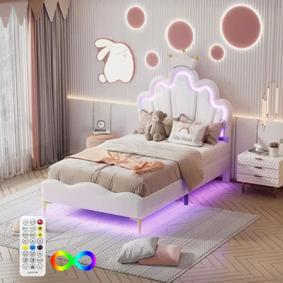 Immagine prodotto di Letto imbottito UnboxG 190x200 cm con rete a doghe, letto per bambini con testiera a forma di , letto singolo per adolescenti con rivestimento in ecopelle, letto da principessa in legno, rivestito in PU, colore bianco