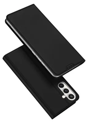 A black flip phone case is shown from a diagonal angle, with the front cover open.