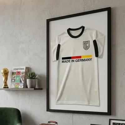 Image de K-Möbel Premium Cadre pour maillot en bois véritable noir 60 x 80 cm - Fabriqué en Allemagne - Cadre pour maillot avec fond blanc et bordure extra-large - Cadre vitrine pour maillot - Cadre à fond noir - Vitrine pour maillot