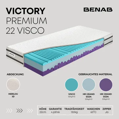 Produktbild von Visco-Matratze Benab Victory Premium 22 Visco Matratze 80 x 195 cm H3 / H4 hart 22 cm hohe Visco-Matratzen, Merilou, Visco, HR Grand Soja, 7 Zonen, Profilierung