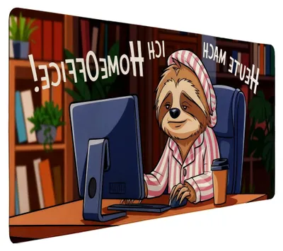 Produktbild von Faultier im Homeoffice Schreibtischunterlage 69x31cm XXL Mauspad Illustration eines faulen Faultiers im Pyjama mit Schlafmütze Kaffeetasse umgeben von Bücherregalen und Pflanzen