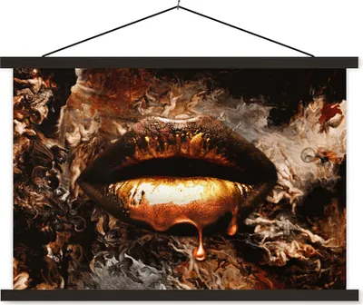 Produktbild von MuchoWow® Textilposter Gold - Lippen - Kunst - Gold - Luxus - Abstrakt 60x40 cm mit schwarzem Rahmen - Hölzernes