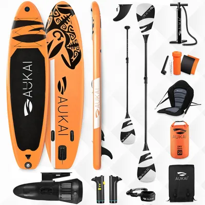 Zdjęcie produktu dla Deska surfingowa Stand Up Paddle Board 320 cm z silnikiem elektrycznym i siedziskiem kajakowym, wiosłem i podwójnym wiosłem SUP nadmuchiwana deska surfingowa paddleboard - Ocean orange