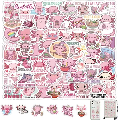 Obrázok produktu pre 100 kusov nálepiek s motívom axolotľa, sada nálepiek s axolotľom, sada nálepiek s axolotľom pre deti, ktoré majú axolotľa radi