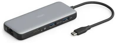 Produktbild von Digitus USB-C Docking Station, 8-Port, Kabelgebunden, USB 3.2 Gen 2 (3.1 Gen 2) Type-C, 100 W, 1.4/2.2, 10,100,1000 Mbit/s, Schwarz, Grau