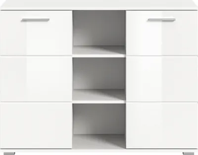 A white sideboard with two doors and three open shelves.