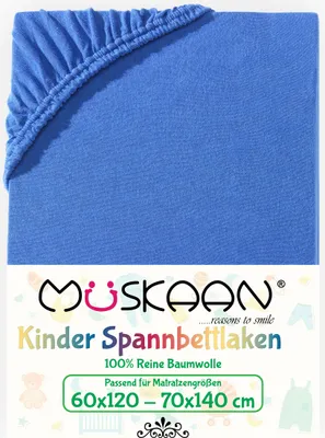 Produktbild von Müskaan Jersey Kinder Spannbettlaken 60x120 - 70x140 cm royalblau bis 12cm Matratzenhöhe Gummizug Bettlaken 100% Baumwolle