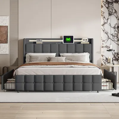 Produktbild von Polsterbett LED, mit Aufladen USB Ladefunktion Kopfteil und 4 Schubladen,Doppelbett 160x200cm Stauraumbetten Bettgestell, Lattenrost aus Holz, Grau