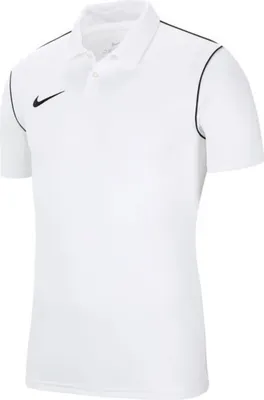A white Nike polo shirt with black trim and a black Nike logo.