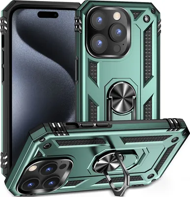 Produktbild von Schutzhülle für iPhone 15 Pro, Dual Layer Militäre Fallschutz Hülle mit Ringhalterung Ständer für iPhone 15 Pro Grün