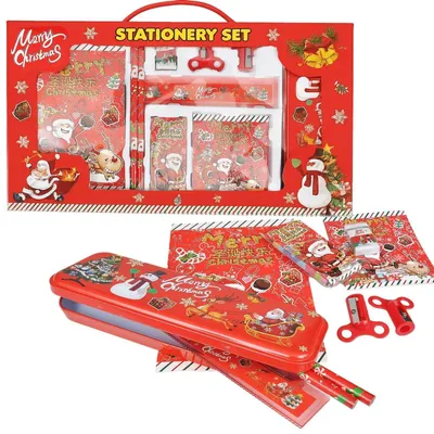 Produktbild von Schulartikel Set Geschenk, Nikolaus Kinder Schulbedarf, Metall-Federmäppchen, 10-teiliges Schreib- und Malset mit Wachsmalstiften