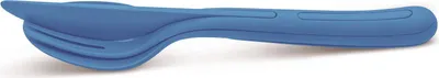 A blue travel cutlery set is shown against a white background.
