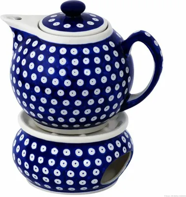 Produktbild von Original Bunzlauer Keramik 1 Liter Teekanne mit spitzen Ausguss Ø19,3 cm mit Stövchen Design 42