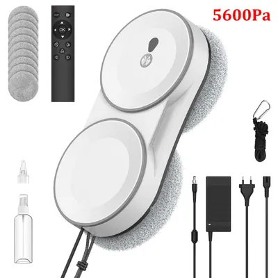 Image de Robot nettoyeur de vitres - Robot de nettoyage de fenêtres - Puissance d'aspiration : 5600 Pa - Réservoir d'eau de 60 ml - Pulvérisation bidirectionnelle - Câble de sécurité - Télécommande - 220 V