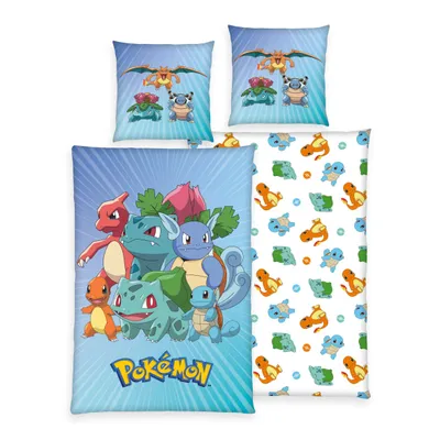 A collection of Pokémon bedding items, including pillowcases and a duvet cover, displayed against a white background.