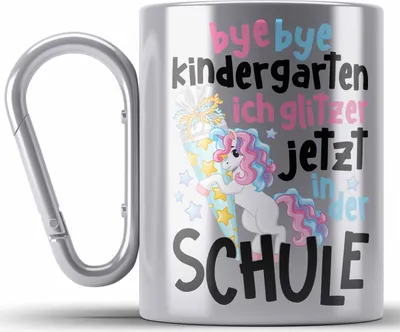 Produktbild von Trendation - Bye Bye Kindergarten Einschulung Mädchen Geschenk Edelstahl Tasse Karabiner Schulstart 1. Schultag Schuleinführung Schulanfang Geschenkidee 2022 Schulkind Ich Glitzer Jetzt In Der Schule (Silber)