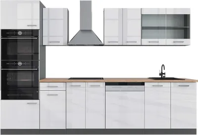 Produktbild von Küchenzeile Vicco R-Line Weiß Hochglanz 300 cm mit Hochschrank, AP Eiche, Model 43101