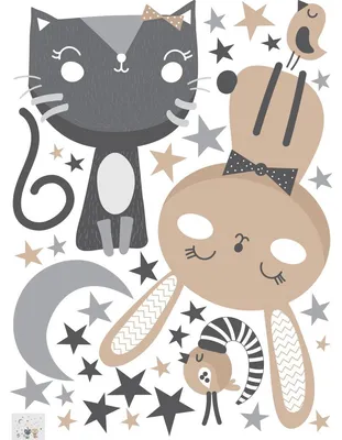 Produktbild von Wandtattoos – Katze, Hase und Vögel im Mondlicht – Selbstklebende Aufkleber – 65 x 50 cm