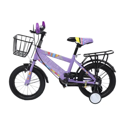 Productafbeelding van 14-inch kinderfiets met stabilisatorwielen, paars, met mandje, geschikt voor kinderen van 3-6 jaar, maximaal 50 kg