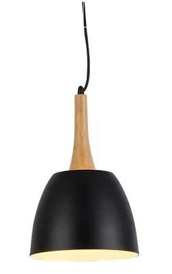 A black pendant lamp with a wooden accent, shown against a white background.