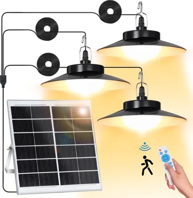 Immagine prodotto di Lampada a sospensione solare a 3 luci per interni ed esterni, 1200 lm, con sensore di movimento, IP65 impermeabile, modalità giorno e notte, telecomando, batteria da 16000 mAh, lampada solare per giardino, capanno, garage, campeggio, cavo da 5 m, luce bianca calda