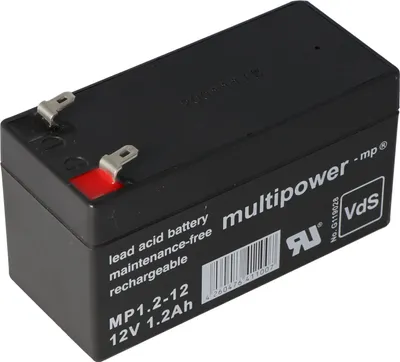 Produktbild von Multipower MP1.2-12 Blei Akku mit 4,8mm Faston Steckkontakten mit VDS Zulassung Abmessungen 97,00x43,00x53,00mm