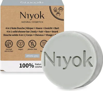 Produktbild von Niyok 4-in-1 Feste Dusche "Athletic Grey" 80g, Seife für Körper + Haare + Gesicht + Bart, Nachhaltige All-in-One Körperpflege
