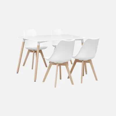 A white rectangular dining table with four white chairs with wooden legs, set against a plain white background.