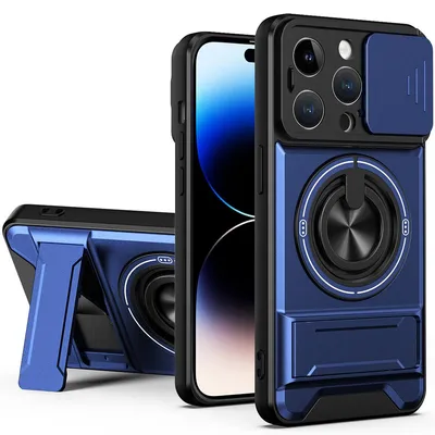 Produktbild von Magnetisch Hülle für iPhone 14 Pro Militär Stoßfest Hülle mit Dia Kameraschutz und Ringhalter Ständer Blau