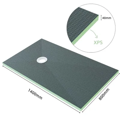 A rectangular shower tray with a drain in the center, shown from a diagonal top-down perspective. A close-up inset shows the thickness and material of the tray.