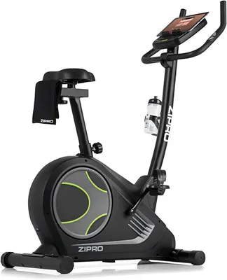 A black stationary exercise bike with a tablet holder and water bottle holder.