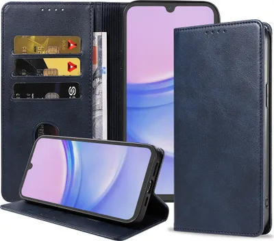 Produktbild von Smartphonica Handytasche passend für Samsung Galaxy A15 Kunstleder mit Magnetverschluss und Kartenhalter Buchhülle mit Klappe - Blau
