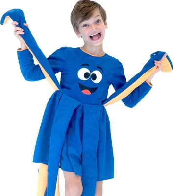 Octopus Kostüm Krake blau für Kinder mit hochgehaltenen Tentakeln rechts und links von Vorne