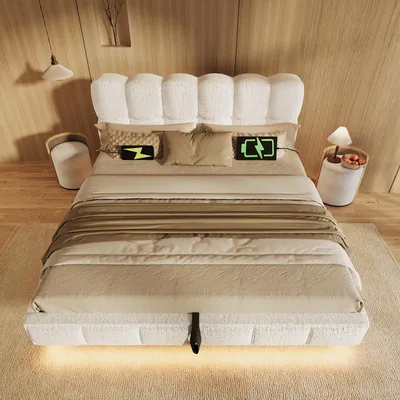 Image de Lit rembourré Flieks 140x190 cm avec ports USB et Type-C, lit coffre hydraulique avec revêtement en similicuir, lit double pour adolescents avec espace de rangement, lit hydraulique en velours, couleur beige