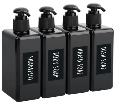 Produktbild von Quadratischer Lotionspender, 4-teilig, 280 ml; schwarzes Seifenspender-Set mit handbeschrifteten Etiketten für Shampoo, Duschgel, Seife und Flüssigseife; nachfüllbare Kunststoff-Pumpflaschen für Küche und Bad