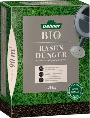 Produktbild von Dehner Bio Rasendünger, hochwertiger Dünger für einen sattgrünen Rasen, organischer NPK-Dünger, mit Regenwurm-Humus / Mykorrhiz, natürliche Langzeitwirkung, 4.5 kg, für ca. 90 m²