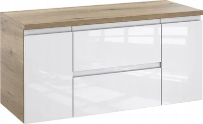 Produktbild von Furni Badunterschrank 100 cm mit Waschtischplatte – Eiche & Weiß Hochglanz, Vormontiert, Unterschrank für Aufsatzwaschbecken