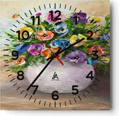 Produktbild von Wanduhr - Quadrat - Glasuhr - Blumen Blumenstrauß Vase bunt - 30x30cm - Schleichendes Uhrwerk - Lautlos - zum Aufhängen bereit - Dekoration Modern - Wanddekoration aus Glas - C4AC30x30-2915