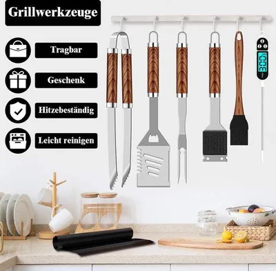 Image de Set d'accessoires pour barbecue - Outils - 26 pièces - Acier - Barbecue - avec thermomètre à viande et mallette de transport